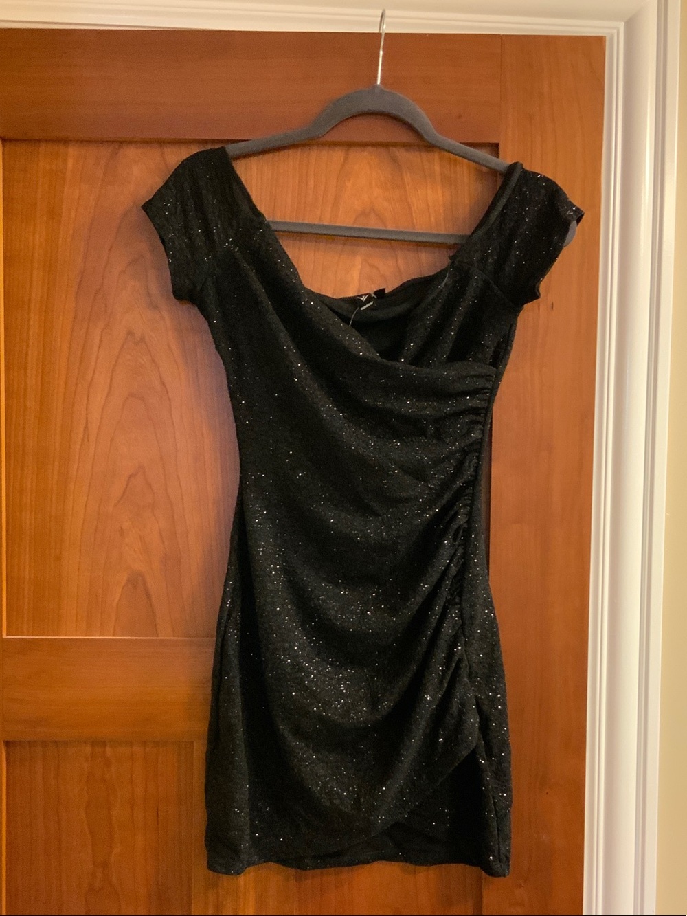 Windsor Black Sparkle Ruched Off-Shoulder Mini Dress
